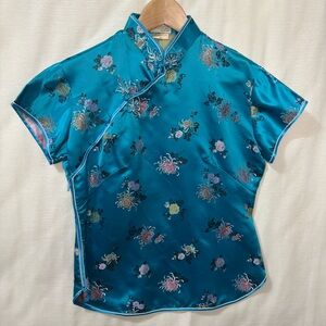 Vintage 80's Embroidered Teal Floral Top Feminine Chic Romantic, 38, W/Flaws